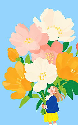 PSD 여자 어린이 꽃다발 하늘색 잎 일러스트 봄꽃 한명 미소 들기 소녀 소녀한명만 국내일러스트 식물 1 꽃 모션 표정 사람 파란색 봄 여자한명만 소녀만 파일형식