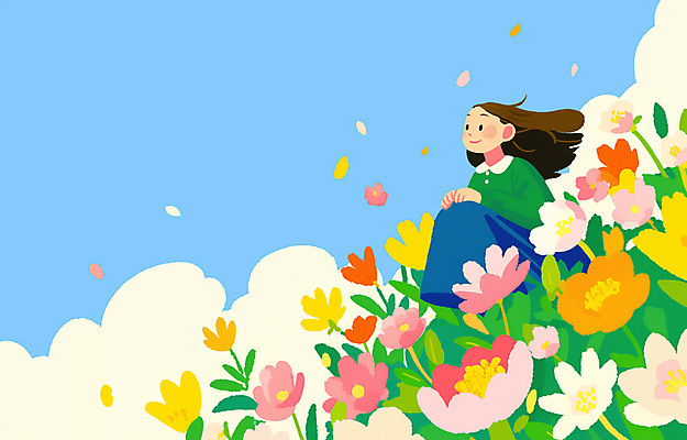 전신 PSD 구름 여자 꽃잎 어린이 하늘색 잎 일러스트 봄꽃 하늘 한명 미소 소녀 웅크림 소녀한명만 국내일러스트 자연요소 식물 1 꽃 모션 표정 사람 파란색 봄 여자한명만 소녀만 파일형식