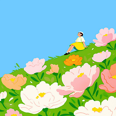 전신 PSD 모자 여자 어린이 하늘색 잎 일러스트 봄꽃 하늘 한명 미소 앉기 소녀 잔디 초록색 소녀한명만 국내일러스트 식물 1 잡화 꽃 컬러 모션 표정 사람 파란색 봄 여자한명만 소녀만 파일형식