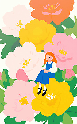 전신 PSD 여자 어린이 분홍색 잎 일러스트 봄꽃 한명 미소 앉기 소녀 손모으기 소녀한명만 국내일러스트 식물 1 꽃 컬러 모션 표정 사람 손짓 봄 여자한명만 소녀만 파일형식