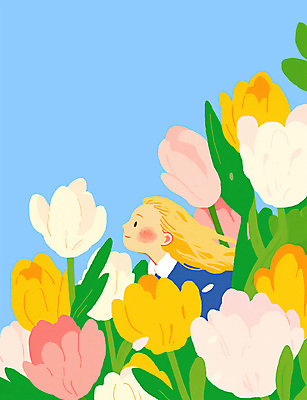 PSD 여자 어린이 하늘색 잎 일러스트 봄꽃 한명 미소 소녀 상반신 소녀한명만 국내일러스트 식물 1 꽃 표정 사람 파란색 봄 여자한명만 소녀만 파일형식