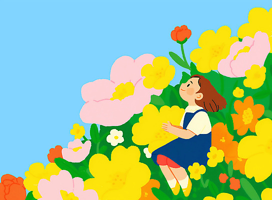 전신 PSD 여자 어린이 하늘색 잎 일러스트 봄꽃 한명 미소 앉기 소녀 올려보기 손모으기 소녀한명만 국내일러스트 식물 1 꽃 모션 표정 사람 손짓 파란색 봄 여자한명만 소녀만 파일형식