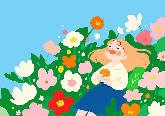 PSD 여자 어린이 하늘색 잎 일러스트 봄꽃 한명 미소 들기 앉기 소녀 초록색 소녀한명만 국내일러스트 식물 1 꽃 컬러 모션 표정 사람 파란색 봄 여자한명만 소녀만 파일형식