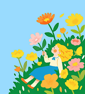 전신 PSD 여자 꽃잎 어린이 하늘색 일러스트 봄꽃 한명 미소 들기 앉기 소녀 풀잎 소녀한명만 국내일러스트 1 꽃 잎 모션 표정 사람 파란색 봄 풀_식물 여자한명만 소녀만 파일형식