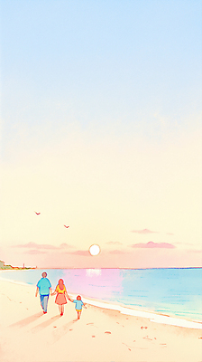 JPG 전신 구름 여자 남자 물결 어린이 일러스트 가족 조류 하늘 소년 성인 해변 세명 모래사장 태양 걷기 노을 손잡기 여름풍경 감성 파스텔톤 국내일러스트 AI일러스트 AI콘텐츠 자연요소 동물 바다 컬러 컨셉 관계 모션 사람 풍경 파일형식 여름_계절