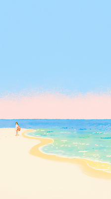 JPG 전신 여자 물결 일러스트 하늘 한명 서기 들기 성인 해변 모래사장 여름풍경 비치볼 감성 파스텔톤 성인여자한명만 국내일러스트 AI일러스트 AI콘텐츠 1 바다 컬러 컨셉 공 모션 바캉스용품 사람 풍경 여자한명만 성인여자만 파일형식 여름_계절