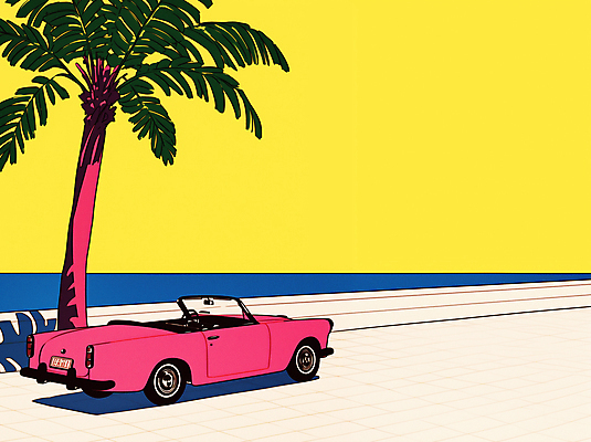 JPG 일러스트 자동차 해변 사람없음 여름휴가 야자수 노란색 오픈카 복고 팝아트 국내일러스트 AI일러스트 AI콘텐츠 나무 육상교통 바다 컬러 승용차 휴가 그림 파일형식 여름_계절