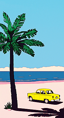 JPG 구름 일러스트 자동차 하늘 그림자 해변 사람없음 파란색 여름휴가 야자수 복고 팝아트 클래식카 국내일러스트 AI일러스트 AI콘텐츠 자연요소 나무 육상교통 바다 컬러 승용차 휴가 그림 파일형식 여름_계절