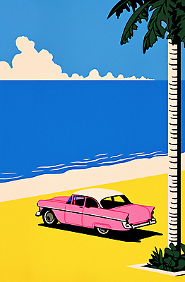 JPG 구름 일러스트 자동차 하늘 해변 사람없음 파란색 여름휴가 야자수 복고 팝아트 클래식카 국내일러스트 AI일러스트 AI콘텐츠 자연요소 나무 육상교통 바다 컬러 승용차 휴가 그림 파일형식 여름_계절