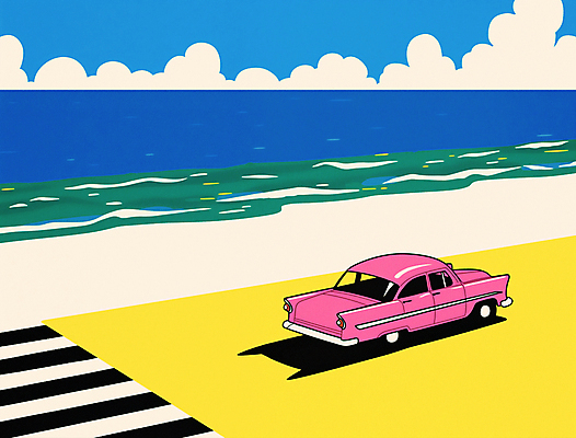 JPG 구름 일러스트 자동차 하늘 해변 사람없음 파란색 여름휴가 노란색 횡단보도 복고 팝아트 클래식카 국내일러스트 AI일러스트 AI콘텐츠 자연요소 육상교통 바다 컬러 승용차 휴가 보행로 그림 파일형식 여름_계절