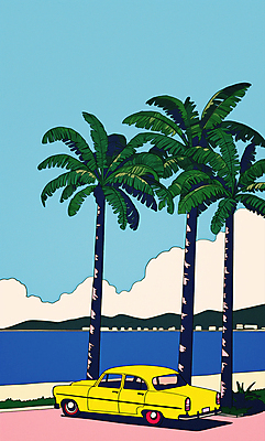JPG 구름 하늘색 일러스트 자동차 하늘 산 해변 사람없음 여름휴가 야자수 복고 팝아트 클래식카 국내일러스트 AI일러스트 AI콘텐츠 자연요소 나무 육상교통 바다 승용차 휴가 파란색 그림 파일형식 여름_계절