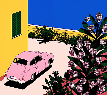 JPG 꽃 벽 잎 일러스트 자동차 해변 사람없음 여름휴가 복고 팝아트 클래식카 국내일러스트 AI일러스트 AI콘텐츠 식물 육상교통 바다 승용차 휴가 그림 파일형식 여름_계절