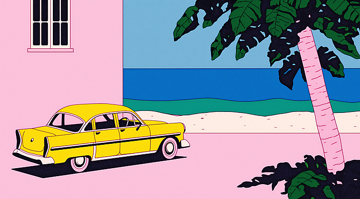JPG 벽 분홍색 일러스트 자동차 해변 사람없음 여름휴가 야자수 복고 팝아트 클래식카 국내일러스트 AI일러스트 AI콘텐츠 나무 육상교통 바다 컬러 승용차 휴가 그림 파일형식 여름_계절