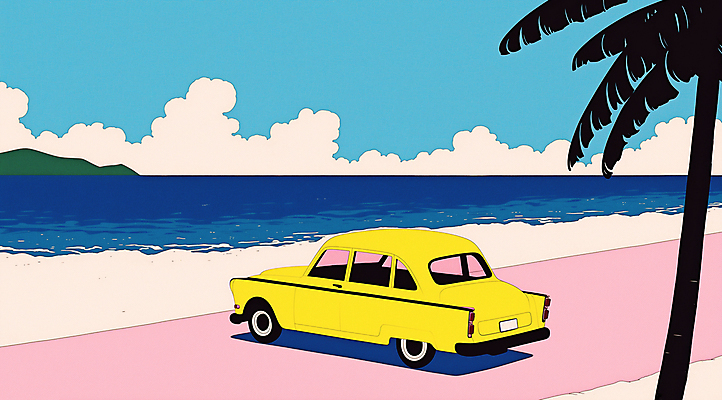 JPG 구름 분홍색 일러스트 자동차 하늘 산 해변 사람없음 파란색 여름휴가 야자수 복고 팝아트 클래식카 국내일러스트 AI일러스트 AI콘텐츠 자연요소 나무 육상교통 바다 컬러 승용차 휴가 그림 파일형식 여름_계절