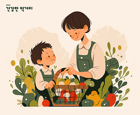 PSD 여자 남자 어린이 일러스트 미소 소년 상반신 성인 두명 바구니 계란 앞치마 잡기 풀잎 건강식품 베이지색 국내일러스트 모자관계 아들 음식 컬러 잎 가족 모션 엄마 표정 건강 사람 알 풀_식물 파일형식