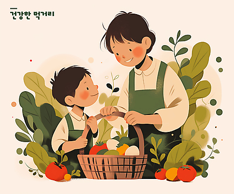 PSD 여자 남자 어린이 채소 일러스트 미소 소년 상반신 성인 두명 바구니 계란 앞치마 잡기 풀잎 건강식품 베이지색 국내일러스트 모자관계 아들 음식 컬러 잎 가족 모션 엄마 표정 건강 사람 알 풀_식물 파일형식