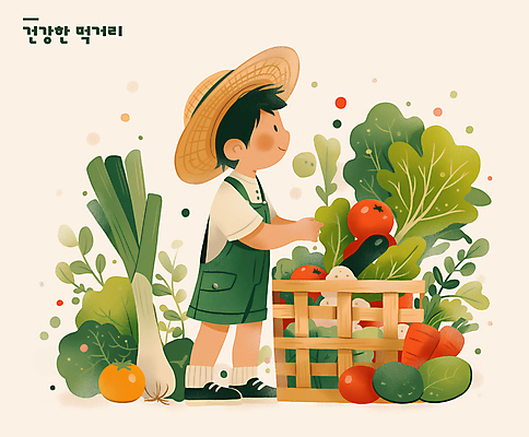 전신 PSD 남자 어린이 채소 일러스트 한명 미소 소년 바구니 잡기 풀잎 밀짚모자 건강식품 베이지색 소년한명만 국내일러스트 모자_잡화 1 음식 컬러 잎 모션 표정 건강 사람 풀_식물 남자한명만 소년만 파일형식