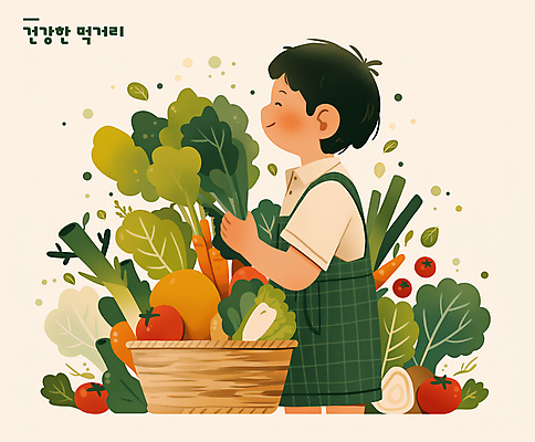 PSD 남자 어린이 채소 일러스트 한명 미소 들기 소년 바구니 풀잎 건강식품 베이지색 소년한명만 국내일러스트 1 음식 컬러 잎 모션 표정 건강 사람 풀_식물 남자한명만 소년만 파일형식