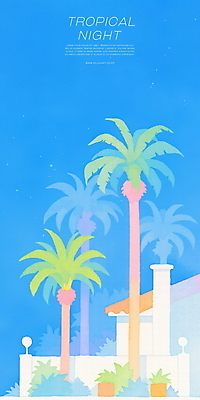 PSD 화분 야경 일러스트 밤하늘 하늘 사람없음 건물 파란색 야자수 여름풍경 풀 휴양지 감성 국내일러스트 나무 식물 건축물 컬러 컨셉 풍경 장소 야간 파일형식 여름_계절 풍경_경치