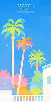 PSD 야경 일러스트 난간 밤하늘 하늘 사람없음 건물 파란색 야자수 여름풍경 풀 휴양지 감성 국내일러스트 나무 식물 건축물 컬러 컨셉 풍경 장소 야간 파일형식 여름_계절 풍경_경치