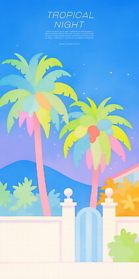 PSD 야경 일러스트 밤하늘 하늘 산 사람없음 파란색 야자수 문 여름풍경 풀 휴양지 감성 국내일러스트 나무 식물 컬러 컨셉 풍경 장소 야간 파일형식 여름_계절 풍경_경치
