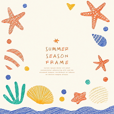 PSD 일러스트 조개 색연필 불가사리 프레임 해변 사람없음 여름 컬러풀 국내일러스트 계절 바다 컬러 어패류 학용품 극피동물 파일형식