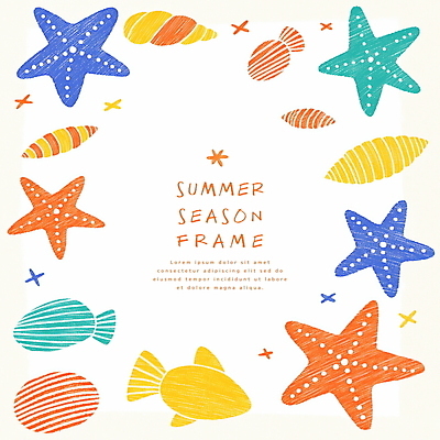 PSD 일러스트 조개 색연필 불가사리 프레임 어류 사람없음 여름 컬러풀 국내일러스트 계절 컬러 어패류 학용품 극피동물 수중동물 파일형식