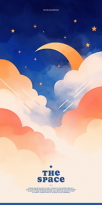 PSD 구름 별 백그라운드 일러스트 수채화 사람없음 주황색 초승달 남색 감성 몽환 국내일러스트 자연요소 컬러 컨셉 달 파일형식