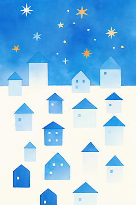 JPG 별 백그라운드 일러스트 수채화 주택 사람없음 파란색 국내일러스트 AI일러스트 AI콘텐츠 자연요소 컬러 건물 파일형식