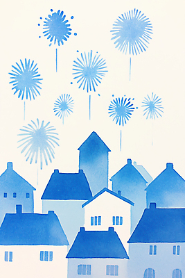 JPG 백그라운드 일러스트 수채화 주택 불꽃놀이 사람없음 파란색 국내일러스트 AI일러스트 AI콘텐츠 컬러 놀이 건물 파일형식