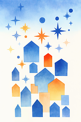 JPG 백그라운드 일러스트 수채화 주택 사람없음 파란색 반짝임 국내일러스트 AI일러스트 AI콘텐츠 컬러 모션 건물 파일형식