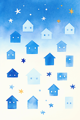 JPG 별 백그라운드 일러스트 수채화 주택 사람없음 파란색 국내일러스트 AI일러스트 AI콘텐츠 자연요소 컬러 건물 파일형식