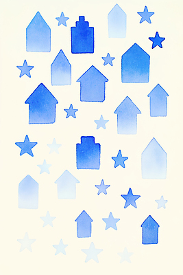 JPG 별 백그라운드 일러스트 수채화 주택 사람없음 파란색 국내일러스트 AI일러스트 AI콘텐츠 자연요소 컬러 건물 파일형식