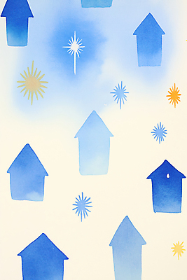 JPG 백그라운드 일러스트 수채화 주택 불꽃놀이 사람없음 파란색 국내일러스트 AI일러스트 AI콘텐츠 컬러 놀이 건물 파일형식