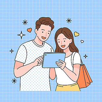 여자 남자 행복 하늘색 일러스트 웃음 들기 상반신 성인 두명 반짝임 태블릿 쇼핑백 기쁨 터치 하트 격자 온라인쇼핑 성인만 국내일러스트 AI파일 모양 감정 무늬 가방 모션 표정 사람 파란색 전자제품 스마트기기 쇼핑 온라인 파일형식 벡터