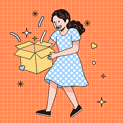 전신 여자 행복 일러스트 한명 웃음 들기 성인 반짝임 상자 기쁨 하트 오픈 격자 온라인쇼핑 성인여자한명만 코랄배경 국내일러스트 AI파일 모양 1 감정 백그라운드 무늬 모션 표정 사람 쇼핑 온라인 여자한명만 성인여자만 파일형식 벡터 코랄