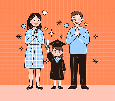 전신 여자 남자 행복 어린이 일러스트 학사모 가족 초등학교 사랑 미소 들기 소녀 성인 세명 반짝임 주황색 하트 졸업가운 졸업장 박수 국내일러스트 AI파일 모양 모자_잡화 감정 컬러 졸업 학교 관계 모션 표정 사람 손짓 가운 파일형식 벡터