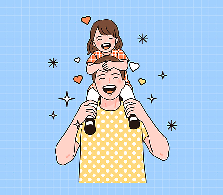 전신 무료이미지 여자 남자 행복 어린이 하늘색 일러스트 놀이 사랑 미소 웃음 소녀 상반신 성인 두명 반짝임 하트 잡기 감싸기 목마타기 부녀 국내일러스트 AI파일 모양 딸 감정 가족 모션 표정 사람 파란색 아빠 승차 파일형식 벡터