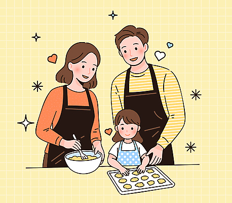 여자 남자 행복 어린이 일러스트 가족 쟁반 사랑 요리 미소 소녀 상반신 성인 세명 노란색 쿠키 제과 주방 앞치마 잡기 믹싱볼 국내일러스트 AI파일 그릇 감정 컬러 관계 모션 디저트 표정 사람 제과제빵 파일형식 벡터