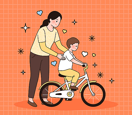 전신 여자 남자 행복 어린이 일러스트 가족 사랑 미소 소년 성인 두명 반짝임 자전거 주황색 하트 잡기 승차 국내일러스트 AI파일 모자관계 모양 감정 아들 컬러 관계 모션 엄마 표정 사람 바이크 파일형식 벡터