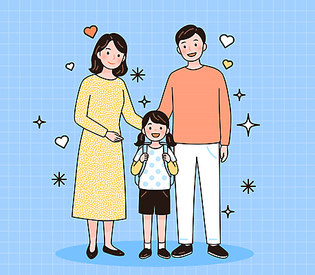 전신 여자 남자 행복 어린이 일러스트 가족 책가방 초등학교 사랑 미소 소녀 성인 세명 파란색 반짝임 하트 잡기 입학 국내일러스트 AI파일 모양 교육 감정 컬러 가방 학교 관계 모션 표정 사람 파일형식 벡터