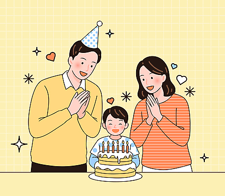 여자 기념일 남자 행복 어린이 일러스트 가족 사랑 미소 소년 상반신 성인 세명 반짝임 노란색 파티 케이크 고깔모자 하트 박수 생일축하 국내일러스트 AI파일 모양 모자_잡화 감정 컬러 관계 모션 디저트 표정 사람 손짓 이벤트 축하 생일 파일형식 벡터