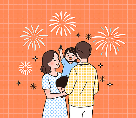 여자 남자 행복 어린이 일러스트 가족 안기 불꽃놀이 사랑 미소 들기 소년 성인 세명 반짝임 축제 주황색 가리킴 어깨에손 국내일러스트 AI파일 감정 컬러 관계 모션 놀이 표정 사람 손짓 파일형식 벡터