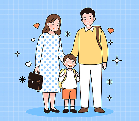 전신 여자 남자 행복 어린이 가방 일러스트 가족 초등학교 사랑 미소 소년 성인 세명 파란색 반짝임 하트 입학 국내일러스트 AI파일 모양 잡화 교육 감정 컬러 학교 관계 모션 표정 사람 파일형식 벡터
