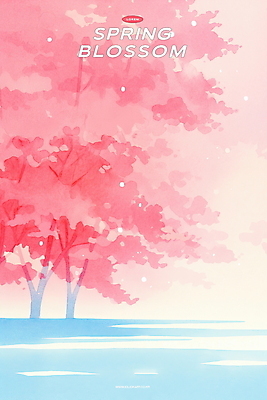 PSD 호수 분홍색 일러스트 수채화 사람없음 햇빛 벚나무 감성 봄바람 국내일러스트 나무 컬러 컨셉 바람 태양 벚꽃 파일형식