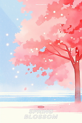 PSD 호수 분홍색 일러스트 수채화 그림자 사람없음 햇빛 벚나무 감성 봄바람 국내일러스트 나무 컬러 컨셉 바람 태양 벚꽃 파일형식