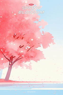 PSD 호수 분홍색 일러스트 하늘 수채화 사람없음 햇빛 벚나무 감성 봄바람 국내일러스트 나무 컬러 컨셉 바람 태양 벚꽃 파일형식