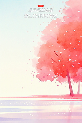 PSD 호수 분홍색 일러스트 하늘 수채화 사람없음 햇빛 벚나무 감성 봄바람 국내일러스트 나무 컬러 컨셉 바람 태양 벚꽃 파일형식