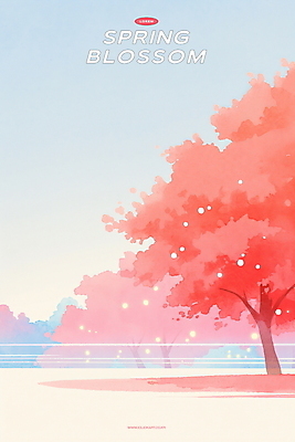 PSD 호수 분홍색 일러스트 하늘 수채화 사람없음 햇빛 벚나무 감성 봄바람 국내일러스트 나무 컬러 컨셉 바람 태양 벚꽃 파일형식
