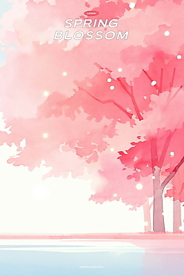 PSD 호수 분홍색 일러스트 수채화 사람없음 햇빛 벚나무 감성 봄바람 국내일러스트 나무 컬러 컨셉 바람 태양 벚꽃 파일형식
